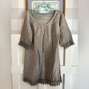 Italian Linen Tunic Dress with Crochet Sleeve Trim - Taupe Small